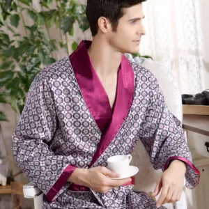 Peignoir Satin Homme Violet À Motifs