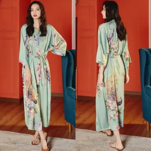 Peignoir Satin Fin Bleu Vert Été