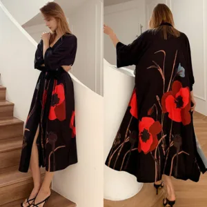 Peignoir Satin Rouge Noir