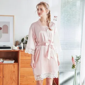 Peignoir Satin Rose Dentelle