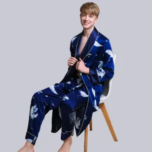 Peignoir Satin Bleu Homme