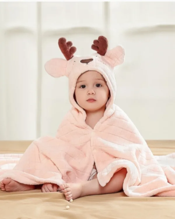 Cape de bain bebe cerf rose en coton pur 0 3 ans 1jpg