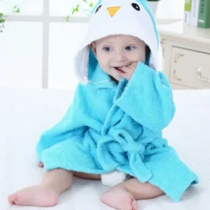 Peignoir Bébé Pingouin Bleu En Coton