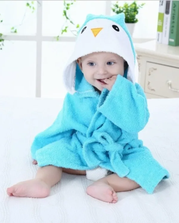 Peignoir Bébé Pingouin Bleu En Coton